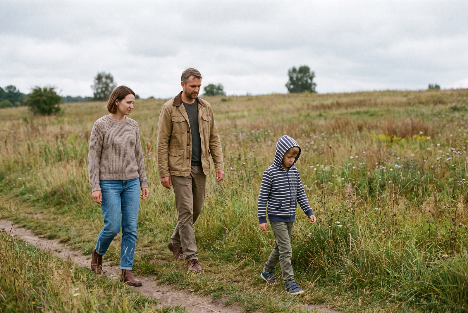 Familie bewegt sich gemeinsam durch eine Wiese